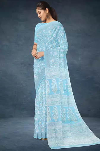 Powder blue & soft sky blue south cotton saree with running blouse
