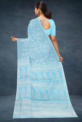 Powder blue & soft sky blue south cotton saree with running blouse 3
