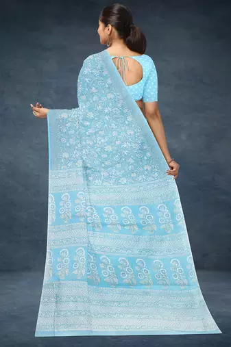 Powder blue & soft sky blue south cotton saree with running blouse