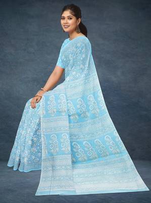 Powder blue & soft sky blue south cotton saree with running blouse 4