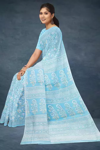 Powder blue & soft sky blue south cotton saree with running blouse