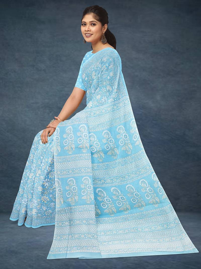Powder blue & soft sky blue south cotton saree with running blouse