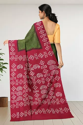 Olive green & crimson red madurai sungudi saree with running blouse