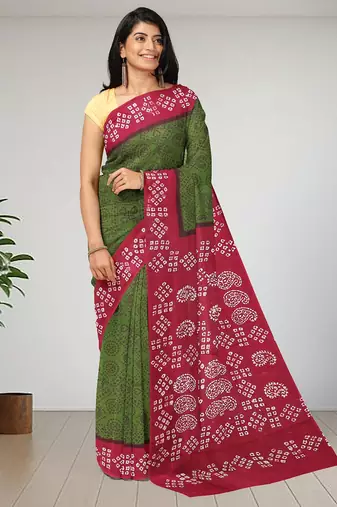 Olive green & crimson red madurai sungudi saree with running blouse