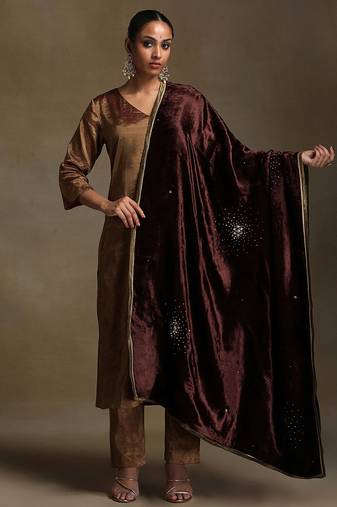 Dark brown hand embroidered velvet doshala