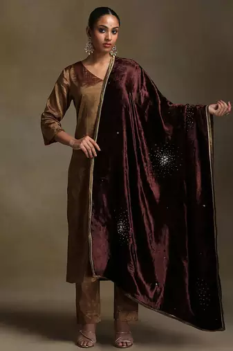 Dark brown hand embroidered velvet doshala