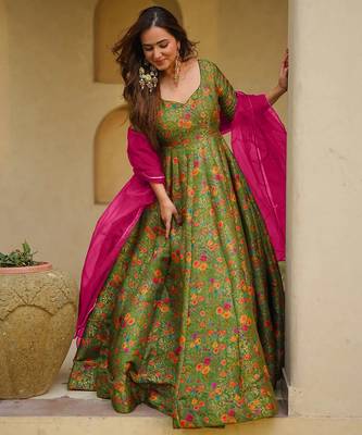 Mahendi digital printed partywear gown with dupatta 1