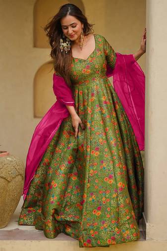 Mahendi digital printed partywear gown with dupatta
