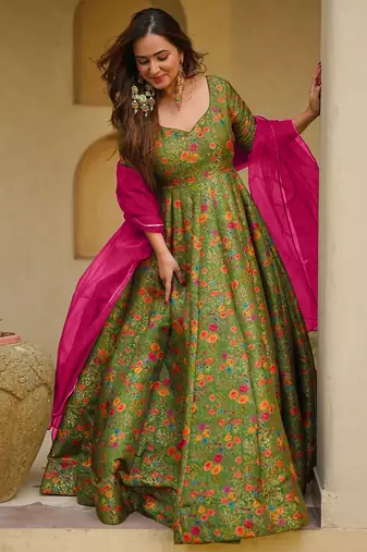 Mahendi color beautiful designer digital printed partywear gown with dupatta
