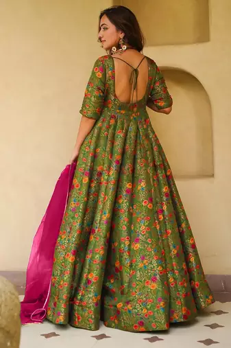 Mahendi color beautiful designer digital printed partywear gown with dupatta