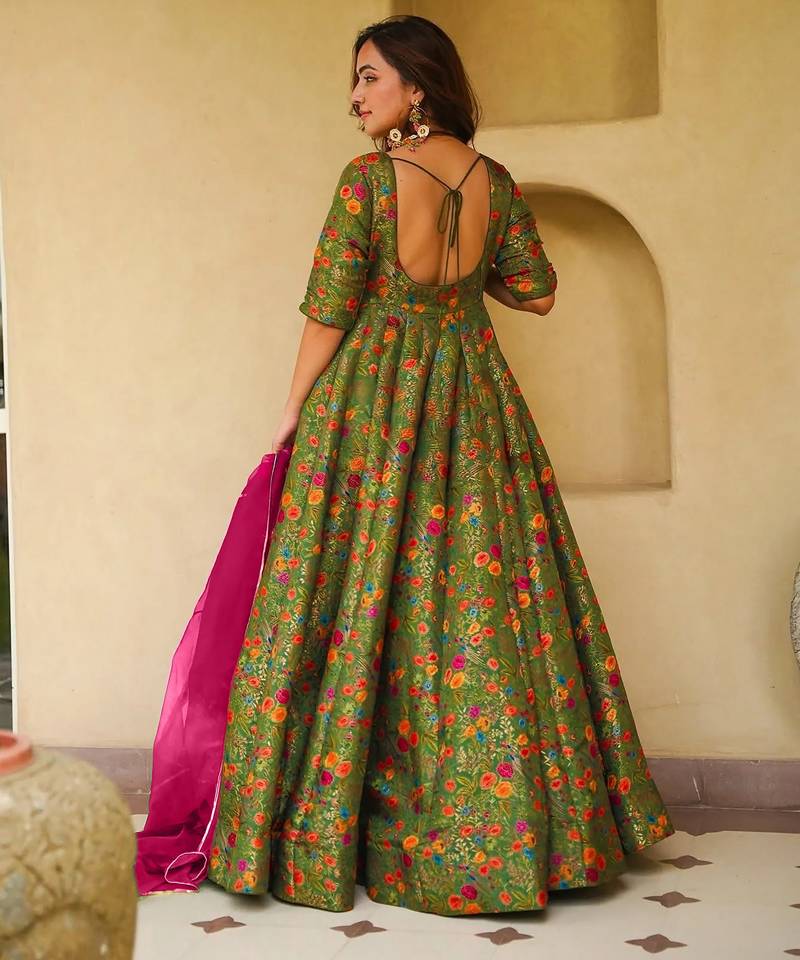 Mahendi digital printed partywear gown with dupatta