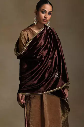 Dark brown hand embroidered velvet doshala