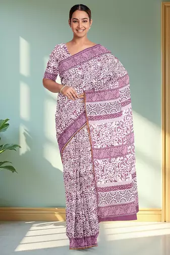 Pale purple/dusty mauve & soft ivory south cotton saree with running blouse