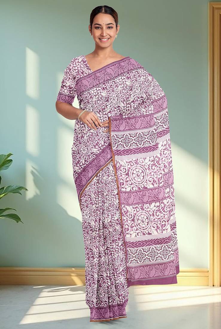 Pale purple/dusty mauve & soft ivory south cotton saree with running blouse