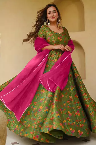 Mahendi color beautiful designer digital printed partywear gown with dupatta