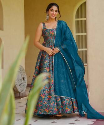 Blue digital printed partywear gown with dupatta 1