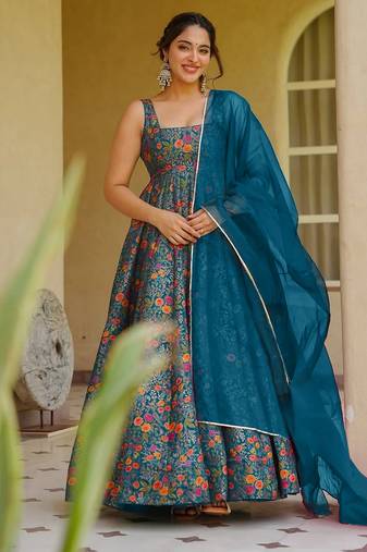 Blue digital printed partywear gown with dupatta