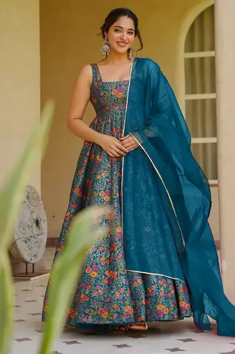 Blue color beautiful designer digital printed partywear gown with dupatta