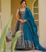 Blue digital printed partywear gown with dupatta