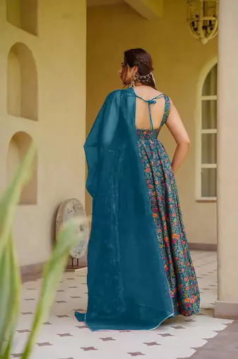 Blue color beautiful designer digital printed partywear gown with dupatta