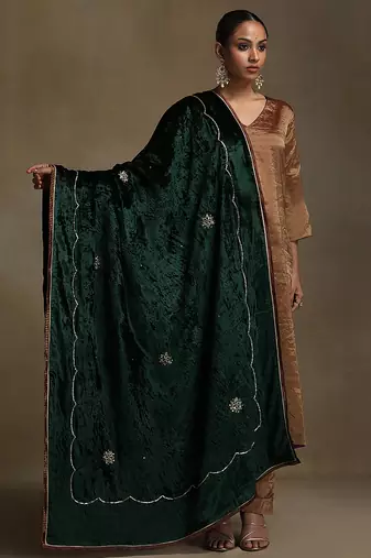 Bottle green hand embroidered velvet doshala