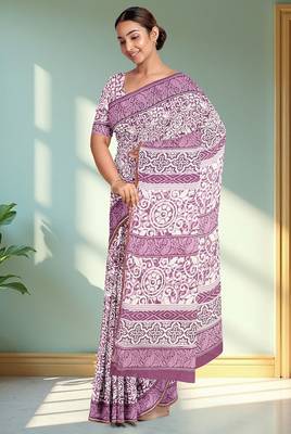 Pale purple/dusty mauve & soft ivory south cotton saree with running blouse 4