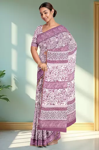 Pale purple/dusty mauve & soft ivory south cotton saree with running blouse