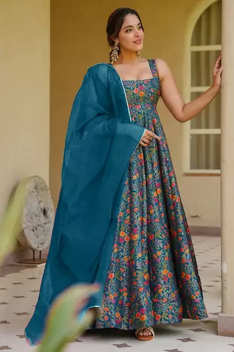 Blue color beautiful designer digital printed partywear gown with dupatta