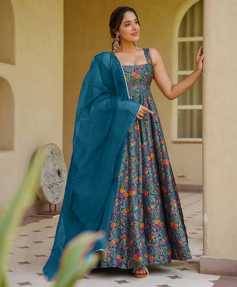 Blue digital printed partywear gown with dupatta