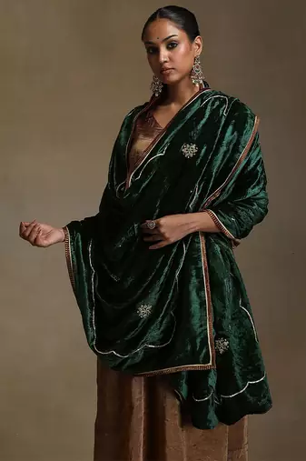 Bottle green hand embroidered velvet doshala