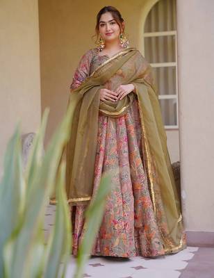 Peach digital printed partywear gown with dupatta 1