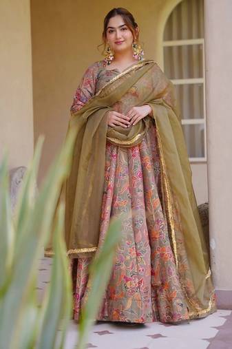Peach digital printed partywear gown with dupatta