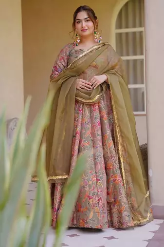 Peach color beautiful designer digital printed partywear gown with dupatta