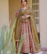 Peach digital printed partywear gown with dupatta