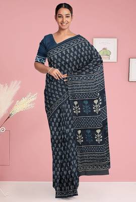 Prussian blue/midnight blue & soft ivory south cotton saree with running blouse 1