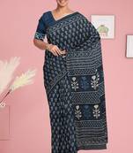 Prussian blue/midnight blue & soft ivory south cotton saree with running blouse