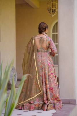 Peach digital printed partywear gown with dupatta 2