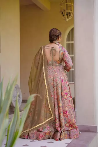 Peach color beautiful designer digital printed partywear gown with dupatta