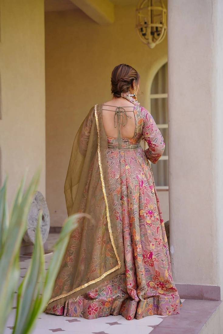 Peach digital printed partywear gown with dupatta