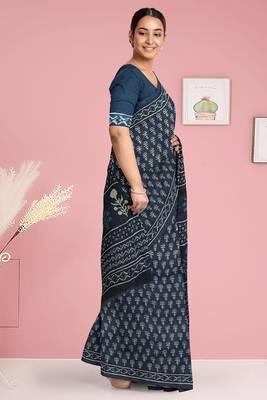 Prussian blue/midnight blue & soft ivory south cotton saree with running blouse 2