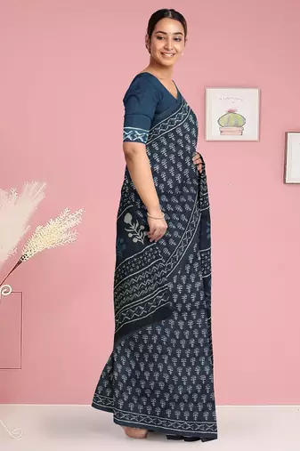 Prussian blue/midnight blue & soft ivory south cotton saree with running blouse
