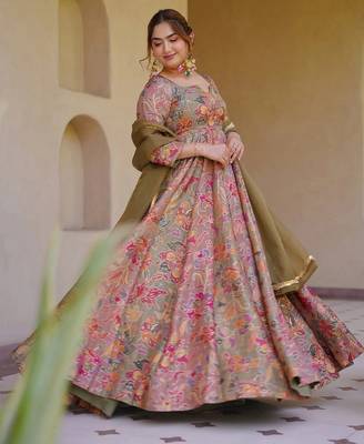 Peach digital printed partywear gown with dupatta 3
