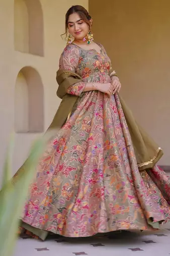 Peach color beautiful designer digital printed partywear gown with dupatta