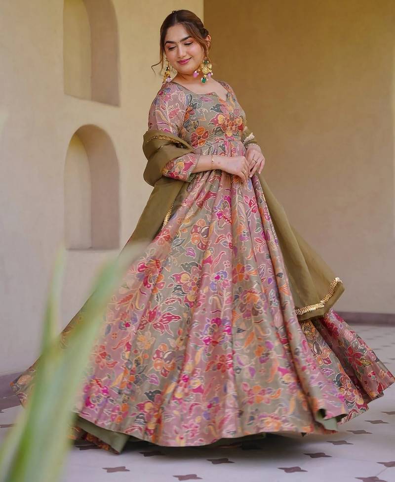 Peach digital printed partywear gown with dupatta