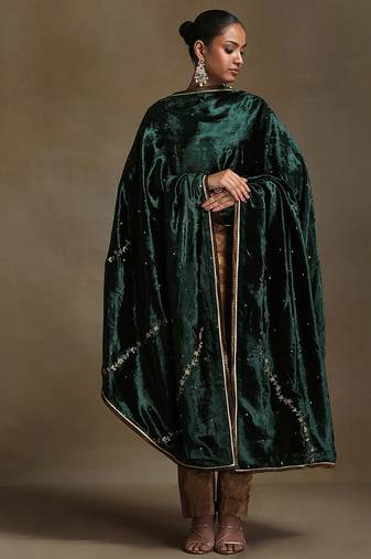 Bottle green hand embroidered velvet doshala