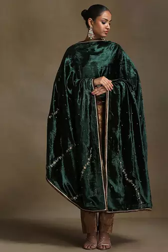Bottle green hand embroidered velvet doshala