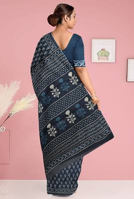 Prussian blue/midnight blue & soft ivory south cotton saree with running blouse 3