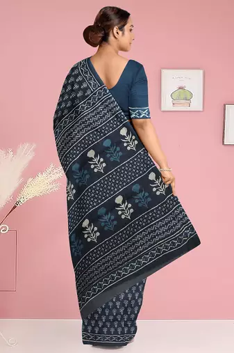 Prussian blue/midnight blue & soft ivory south cotton saree with running blouse