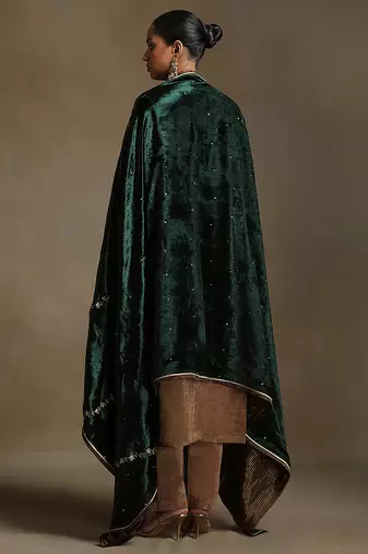Bottle green hand embroidered velvet doshala