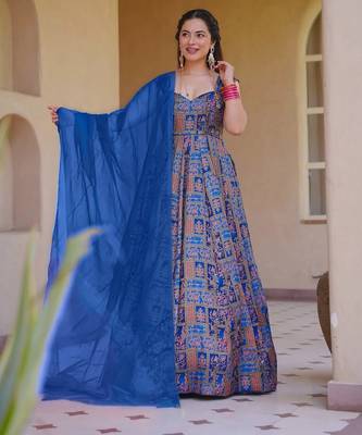 Blue digital printed partywear gown with dupatta 1